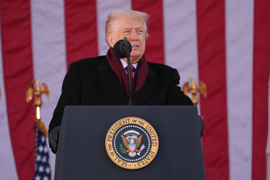 President Donald Trump speaks during an event to mark Veterans Day at Arlington National Cemetery, Tuesday, Nov. 11, 2025, in Arlington, Va. (AP Photo/Evan Vucci)