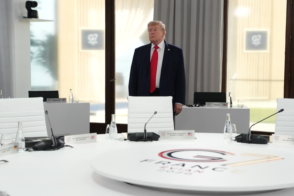 U.S. President Donald Trump waits for the start of a working session at the G7 summit in Evian-les-Bains, France, Tuesday, June 16, 2026. (AP Photo/Thibault Camus, Pool)