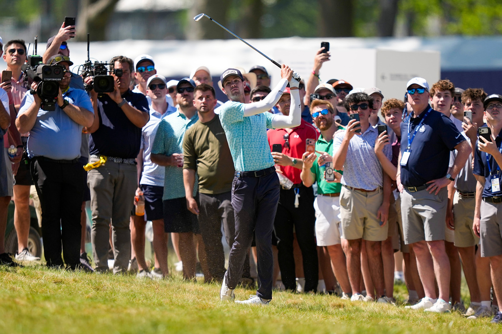 Alex Smalley hits from the first fairway during the third round of the PGA Championship golf tournament at Aronimink Golf Club, Saturday, May 16, 2026, in Newtown Square, PA. (AP Photo/Matt Slocum)