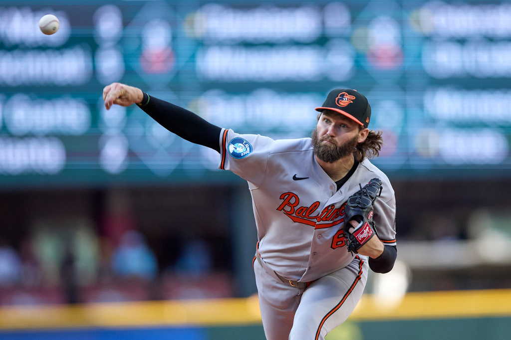 Baltimore Orioles starting pitcher Brandon Young throws against the Seattle Mariners during the first inning in a baseball game, Tuesday, June 16, 2026, in Seattle. (AP Photo/John Froschauer)