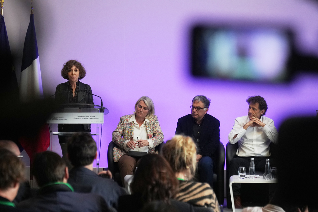 From left, Executive Director of Sante Publique France Caroline Semaille, French Health Minister Stephanie Rist, Professor of Gastroenterology and Hepatology Yazdan Yazdanpanah and infectious disease specialist Xavier Lescure attend a press conference about the situation regarding the hantavirus, in Paris, Tuesday, May 12, 2026. (AP Photo/Michel Euler)