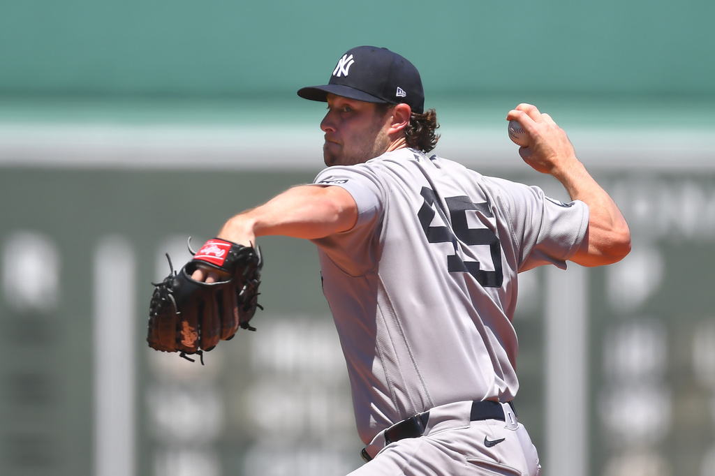 New York Yankees' Gerrit Cole delivers a pitch to a Boston Red Sox batter in the first inning of a baseball game, Saturday, June 27, 2026, in Boston. (AP Photo/Steven Senne)