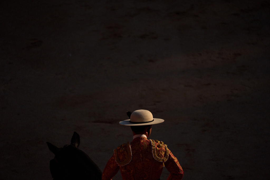 A Spanish picador performs during a bullfight at the San Fermín Festival in Pamplona, northern Spain, Wednesday, July 8, 2026. (AP Photo/Miguel Oses)