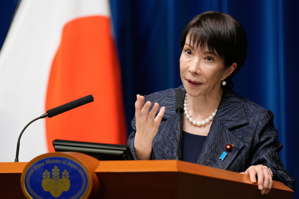 FILE - Japan's new Prime Minister Sanae Takaichi speaks during a press conference at the prime minister's office in Tokyo, on Oct. 21, 2025. (AP Photo/Eugene Hoshiko, Pool)