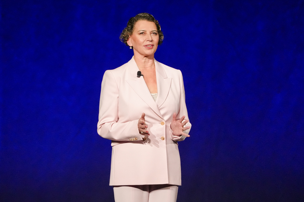 Donna Langley, NBCUniversal Entertainment Chairman, speaks during the Universal Pictures and Focus Features presentation at CinemaCon on Wednesday, April 15, 2026, at Caesars Palace in Las Vegas. (AP Photo/Chris Pizzello)