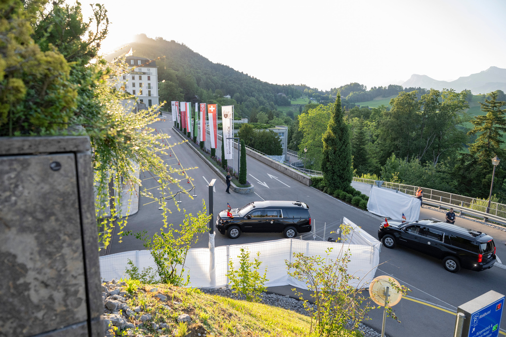 A convoy with U.S. Vice President JD Vance arrives at the Bürgenstock Resort in Obbuergen, near Lucerne, in Switzerland Sunday, June 21, 2026. (Urs Flueeler/Keystone, Pool Photo via AP)