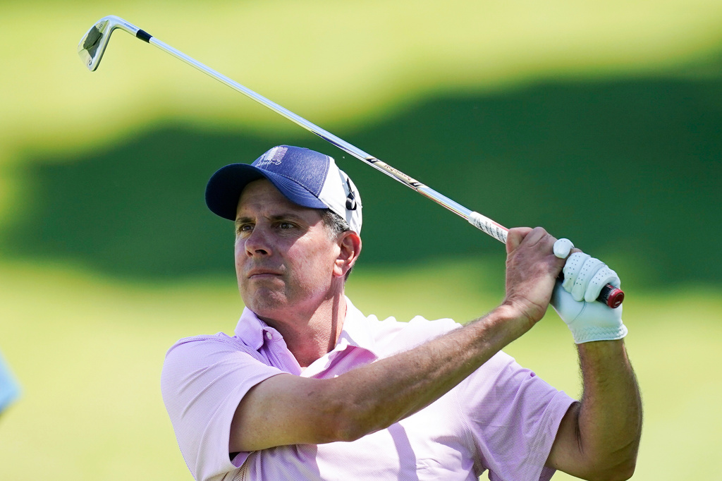FILE - Matt Gogel watches his shot off the second tee during the first round of the PGA Tour Champions Principal Charity Classic golf tournament, Friday, June 3, 2022, in Des Moines, Iowa. (AP Photo/Charlie Neibergall, File)