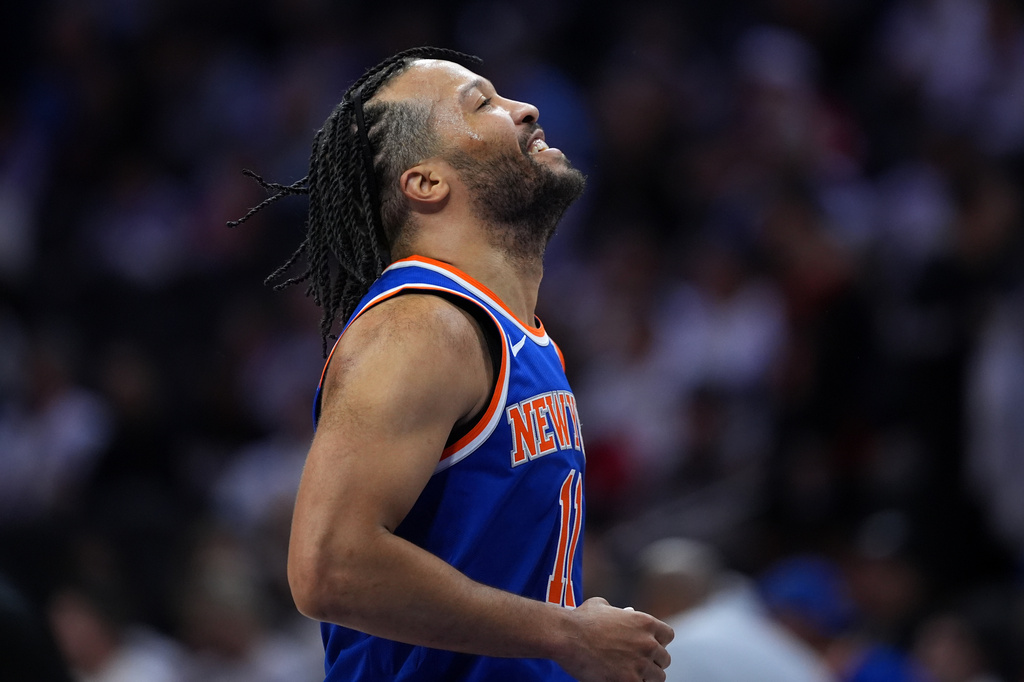 New York Knicks' Jalen Brunson reacts during the second half of Game 3 in a second-round NBA basketball playoff series against the Philadelphia 76ers Friday, May 8, 2026, in Philadelphia. (AP Photo/Matt Slocum)