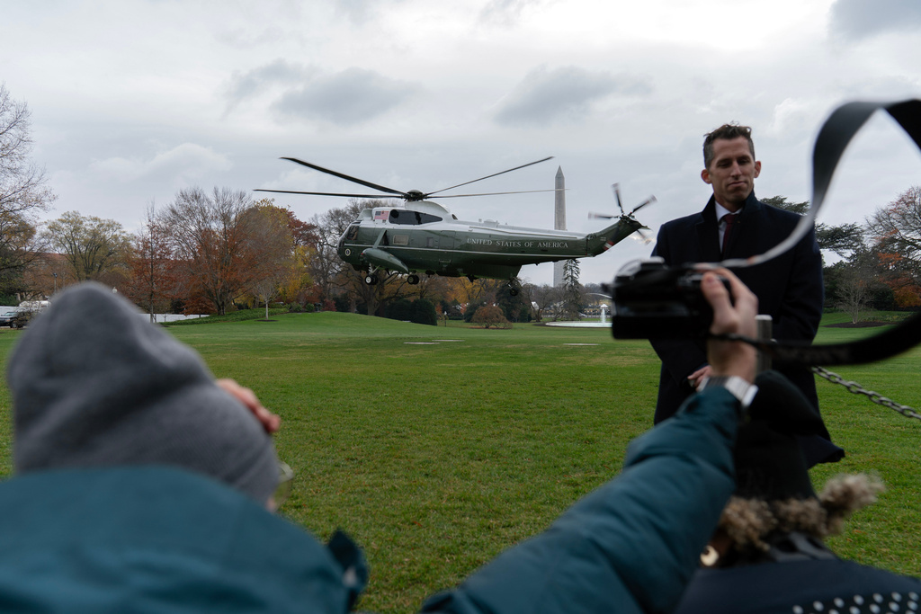 Marine One with President Donald Trump aboard departs from the South Lawn of the White House, Saturday, Nov. 22, 2025, in Washington, en route to Joint Base Andrews. (AP Photo/Jose Luis Magana)