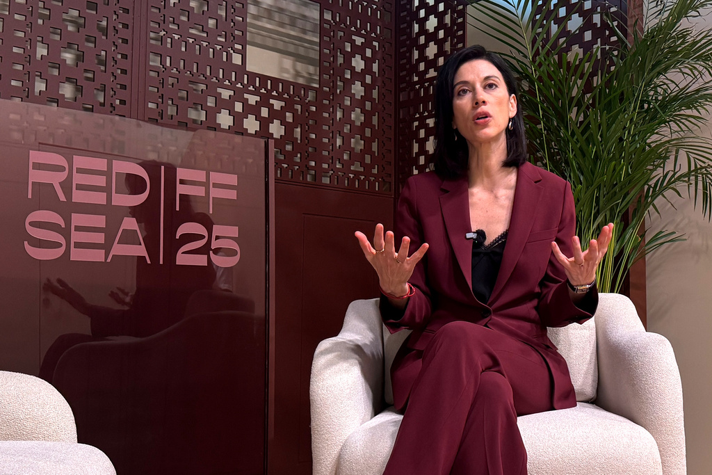 Filmmaker Cherien Dabis speaks during an interview with The Associated Press about her early career in cinema at the Red Sea International Film Festival in Jeddah, Saudi Arabia, Monday, Dec. 8, 2025. (AP Photo/Baraa Anwer)