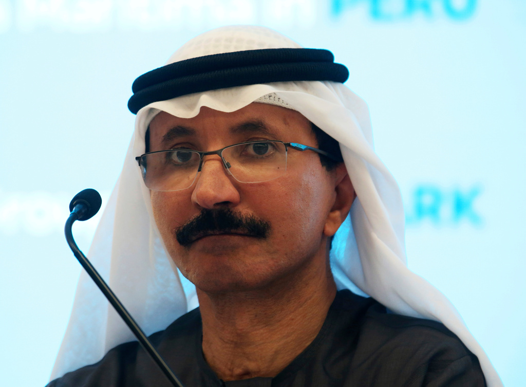 FILE - Sultan Ahmed bin Sulayem, the group chairman and CEO of Dubai-backed port operator DP World, listens during a news conference in Dubai, United Arab Emirates, Thursday, March 14, 2019. (AP Photo/Jon Gambrell,File)