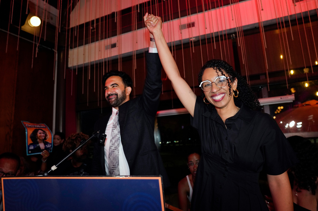 New York City Mayor Zohran Mamdani, celebrates with Democratic congressional candidate Darializa Avila Chevalier during an election night watch party Tuesday, June 23, 2026, in New York. (AP Photo/Seth Wenig)