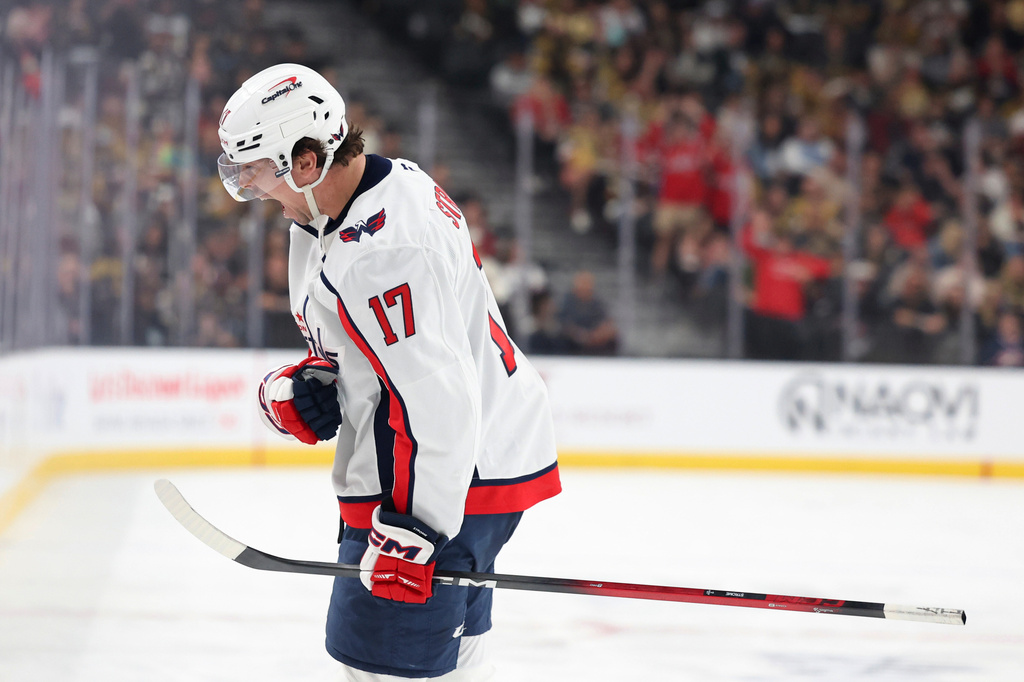 Washington Capitals center Dylan Strome (17) celebrates after his goal against the Vegas Golden Knights during the third period of an NHL hockey game Saturday, March 28, 2026, in Las Vegas. (AP Photo/Ian Maule)