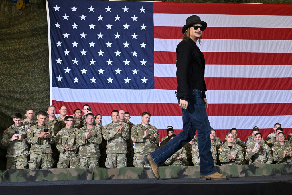 FILE - Kid Rock comes on stage to speak and introduce Vice President JD Vance during a visit to Fort Campbell, Ky., Nov. 26, 2025. (AP Photo/John Amis, File)