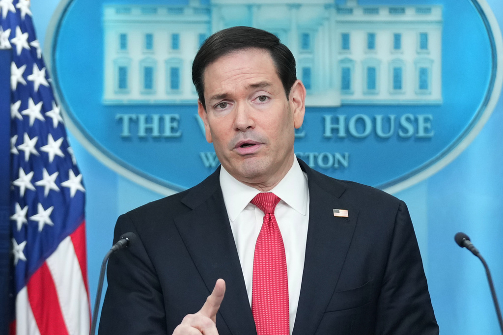 Secretary of State Marco Rubio speaks during a press briefing in the James Brady Press Briefing Room at the White House in Washington, Tuesday, May 5, 2026. (AP Photo/Mark Schiefelbein)