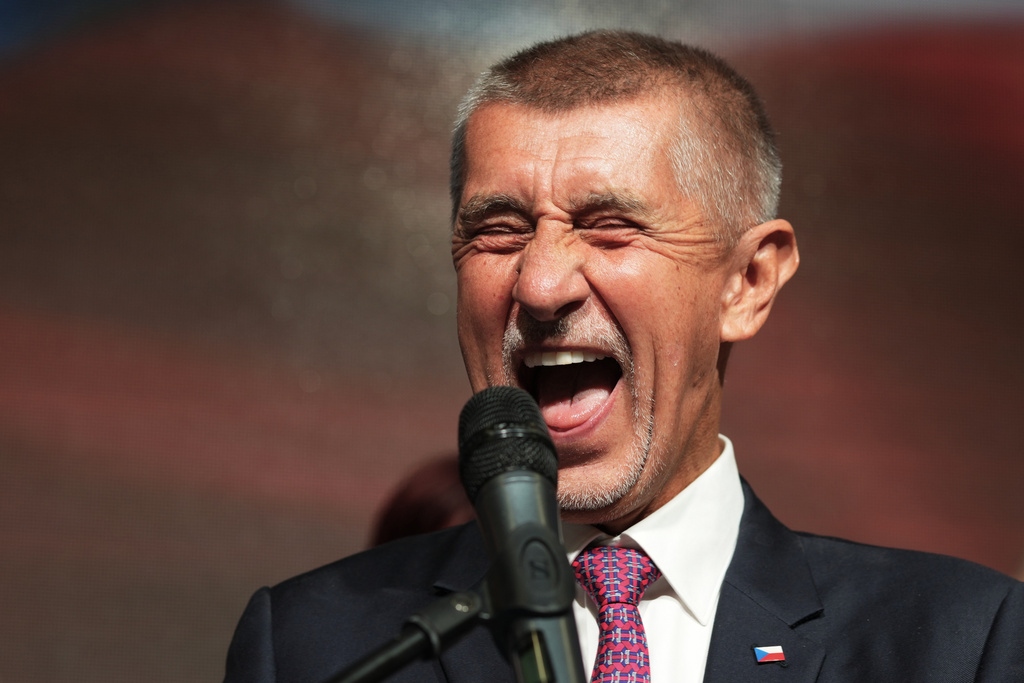 Chairman of opposition "ANO" (YES) movement Andrej Babis reacts as he addresses the media during the parliamentary elections in Prague, Czech Republic, Saturday, Oct. 4, 2025. (AP Photo/Petr David Josek)
