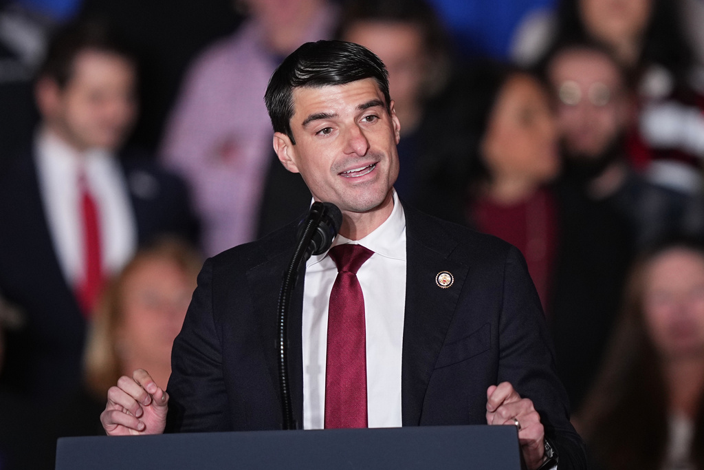 FILE - Republican Rep. Rob Bresnahan, R-Pa., speaks before President Donald Trump arrives at the Mount Airy Casino Resort in Mount Pocono, Pa., Dec. 9, 2025. (AP Photo/Matt Rourke, File)