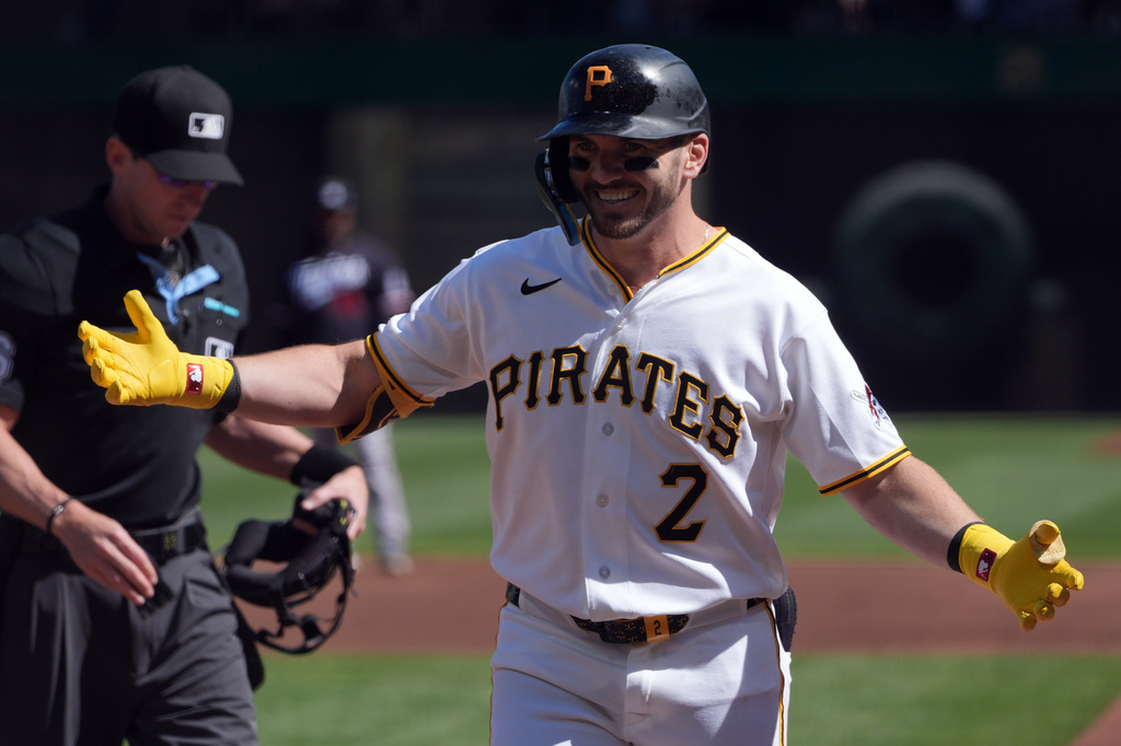 Pittsburgh Pirates' Spencer Horwitz (2) celebrates as he heads back to the dugout after his home run off of Minnesota Twins pitcher Bailey Ober in the first inning of a baseball game in Pittsburgh, Saturday, May 30, 2026. (AP Photo/Tom E. Puskar)