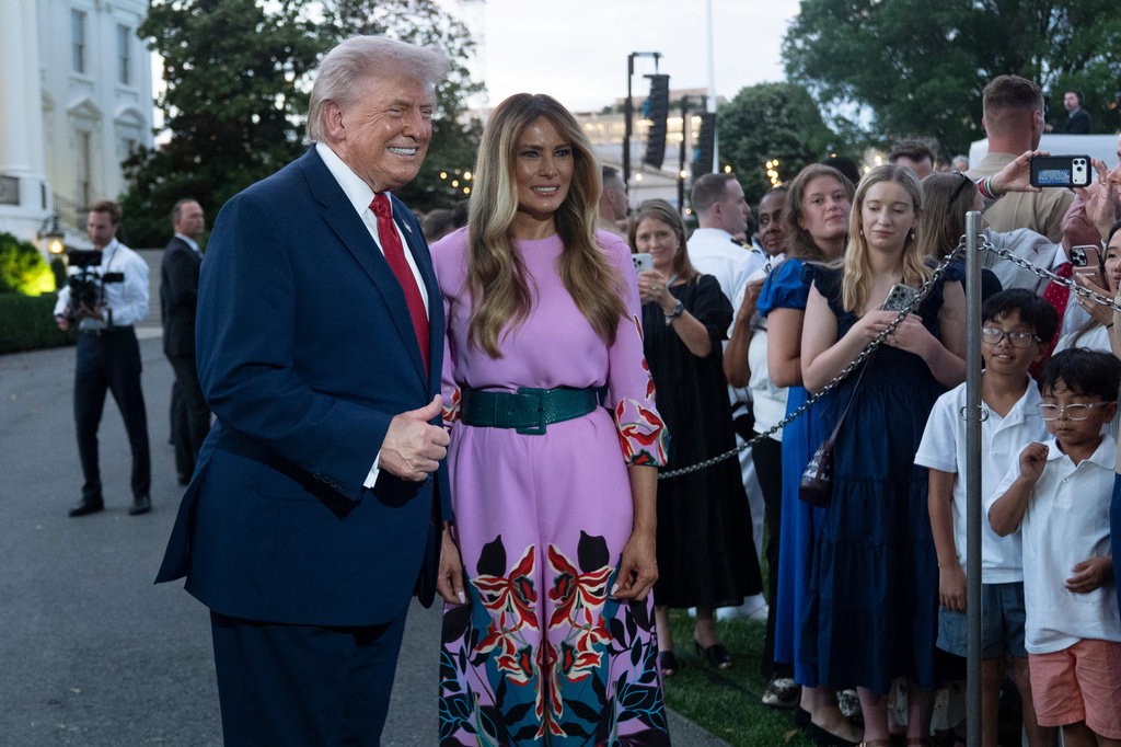 President Donald Trump and first lady Melania Trump greet attendees of the annual Congressional Picnic on the South Lawn, at the White House, Tuesday, May 19, 2026, in Washington. (AP Photo/Manuel Balce Ceneta)