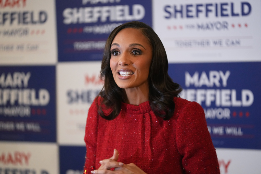 Detroit mayoral candidate Mary Sheffield speaks to media before an election night watch party on Tuesday, Nov. 4, 2025, in Detroit. (AP Photo/Paul Sancya)
