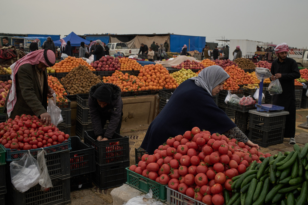Customers buy vegetables and fruits at a local market in Kawa Camp, which houses Iranian Kurdish refugees who fled Iran following the 1979 Islamic Revolution, in the outskirts of Irbil, Iraq, Saturday, March 14, 2026. (AP Photo/Leo Correa)