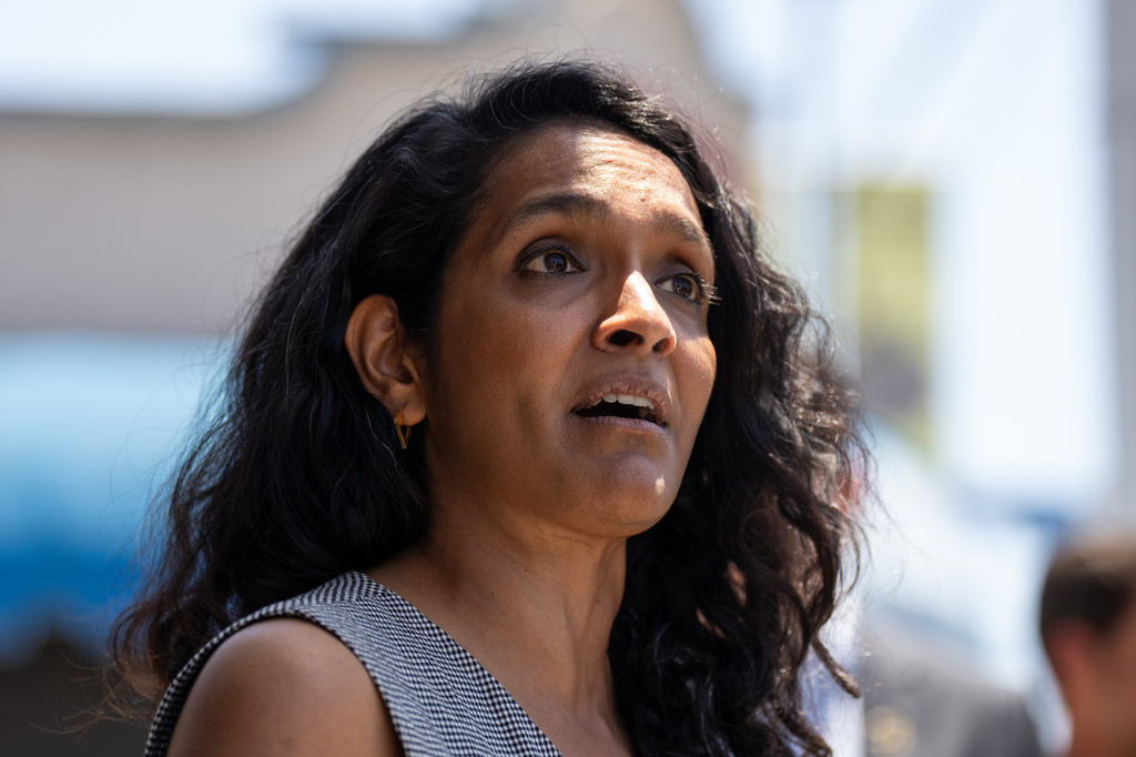 Los Angeles mayoral candidate Nithya Raman talks to reporters after a campaign event in Los Angeles, Monday, June 1, 2026. (AP Photo/Jae C. Hong)