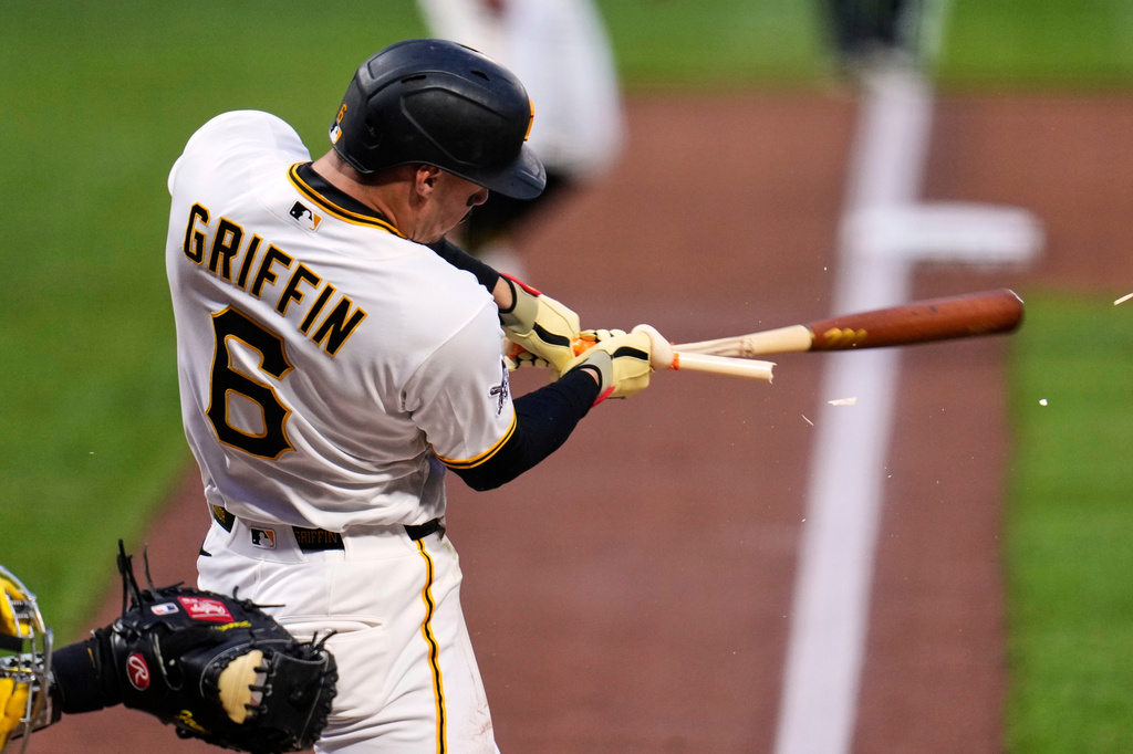 Pittsburgh Pirates' Konnor Griffin (6) breaks his bat on a throw from San Diego Padres pitcher Germán Márquez and grounds out to end the bottom of the second inning of a baseball game in Pittsburgh, Monday, April 6, 2026. (AP Photo/Gene J. Puskar)