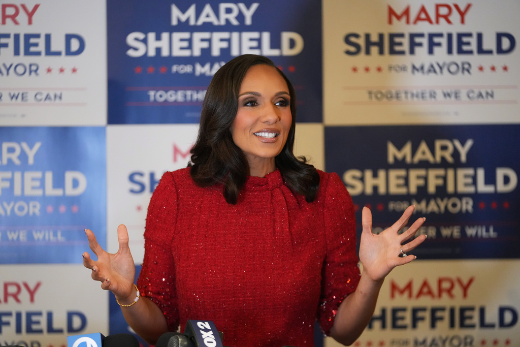 Detroit mayoral candidate Mary Sheffield speaks to media before an election night watch party on Tuesday, Nov. 4, 2025, in Detroit. (AP Photo/Paul Sancya)