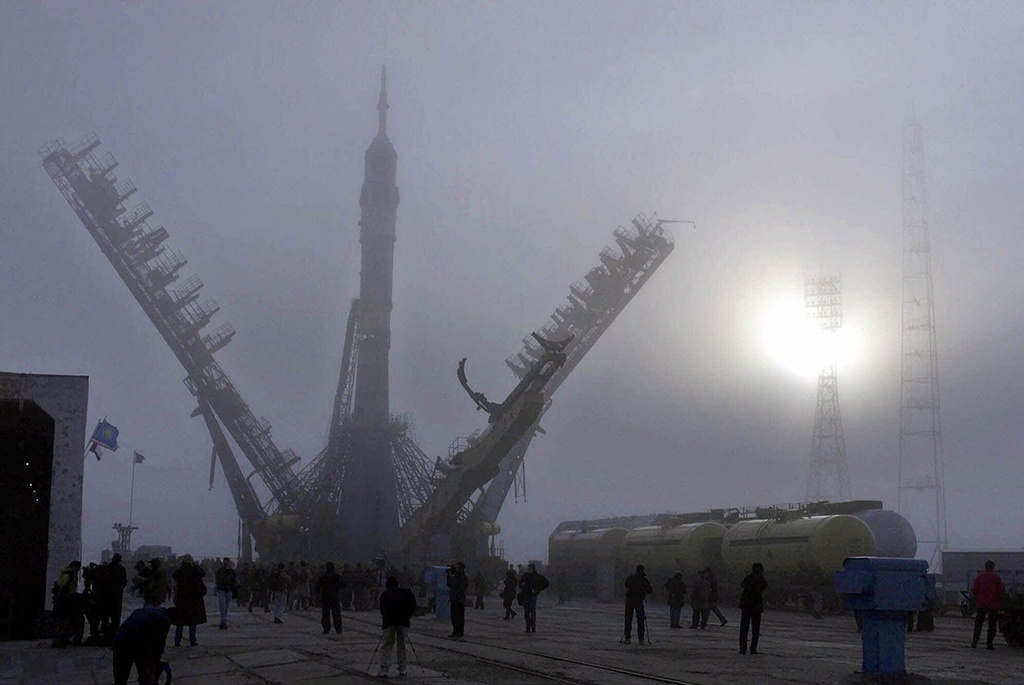 FILE - The Soyuz booster is mounted to the launch pad at the Baikonur cosmodrome, Kazakstan, Sunday, Oct. 29, 2000, ahead of the launch of U.S. astronaut Bill Shepherd, and Russian cosmonauts Sergei Krikalyov and Yuri Gidzenko to be the first residents on the International Space Station. (AP Photo/Mikhail Metzel, File)