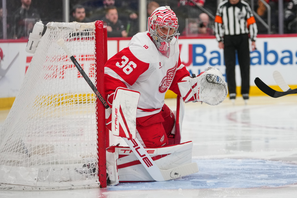 Detroit Red Wings goaltender John Gibson (36) protects the net during the second period of an NHL hockey game against the New Jersey Devils Sunday, March 8, 2026, in Newark, N.J. (AP Photo/Frank Franklin II)