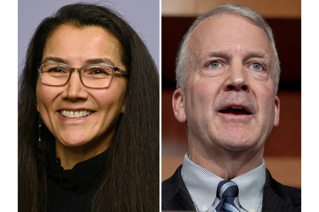 This photo combination shows Democratic Rep. Mary Peltola, Oct. 10, 2024, in Anchorage, Alaska, left, and Sen. Dan Sullivan, R-Alaska, Feb. 8, 2024, on Capitol Hill in Washington. (Bill Roth, Mariam Zuhaib/Anchorage Daily News via AP/AP, file)