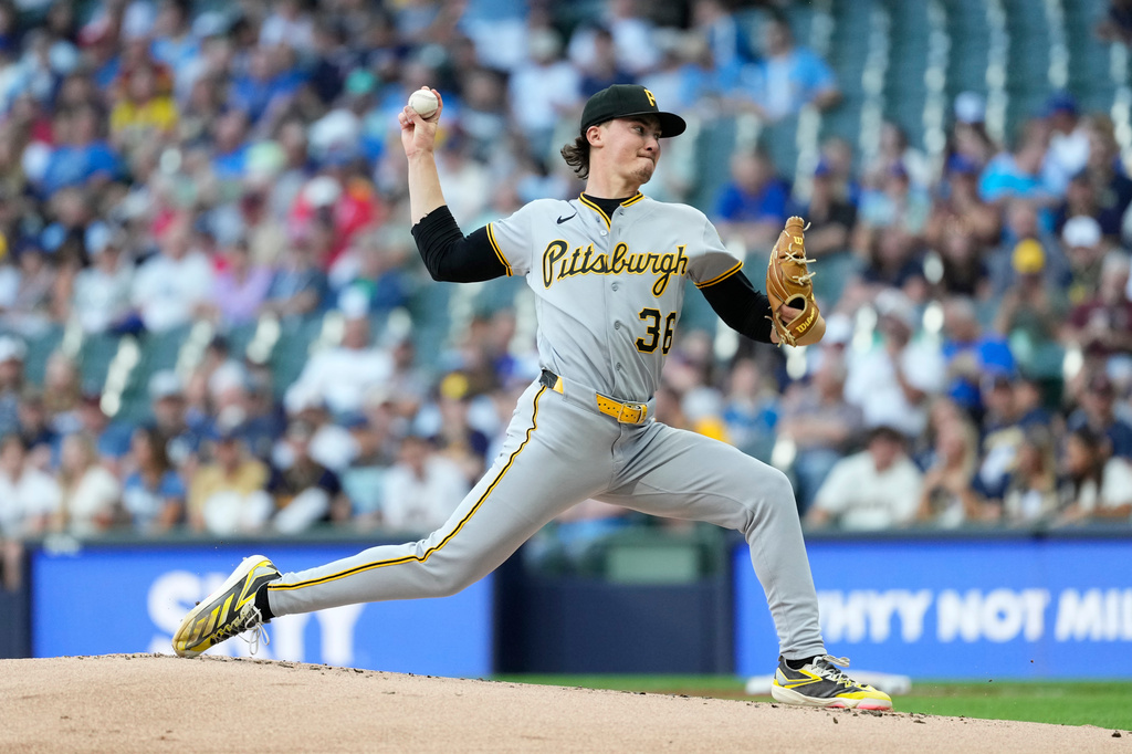 Pittsburgh Pirates' Bubba Chandler pitches during the first inning of a baseball game against the Milwaukee Brewers, Monday, Aug. 3, 2026, in Milwaukee. (AP Photo/Aaron Gash)