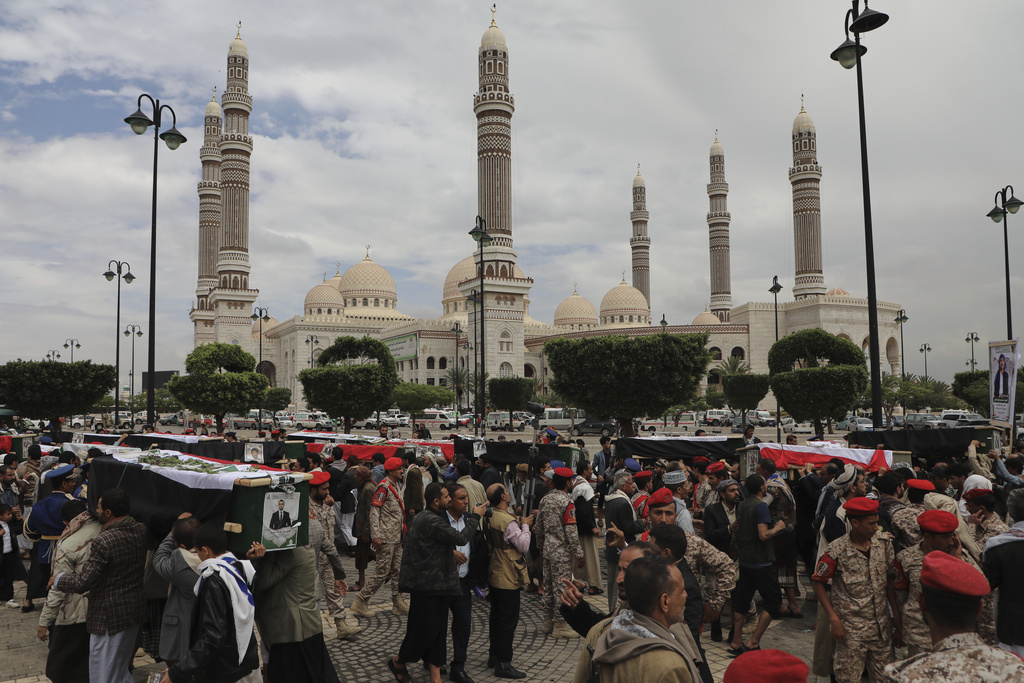 Yemenis cary the coffins of 31 local journalists reportedly killed in Israeli airstrikes last week, during their funeral in Sanaa, Yemen, Tuesday, Sept. 16, 2025. (AP Photo/Osamah Abdulrahman)