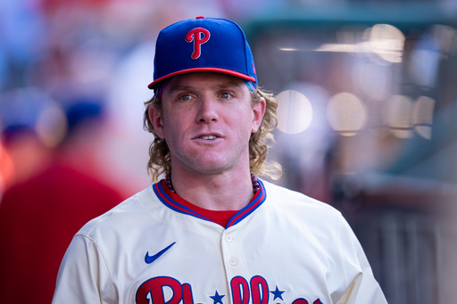 Philadelphia Phillies' Harrison Bader looks on from the dugout during the sixth inning of a baseball game against the Minnesota Twins, Sunday, Sept. 28, 2025, in Philadelphia. (AP Photo/Chris Szagola) Philadelphia Phillies' Harrison Bader looks on from the dugout during the sixth inning of a baseball game against the Minnesota Twins, Sunday, Sept. 28, 2025, in Philadelphia. (AP Photo/Chris Szagola)