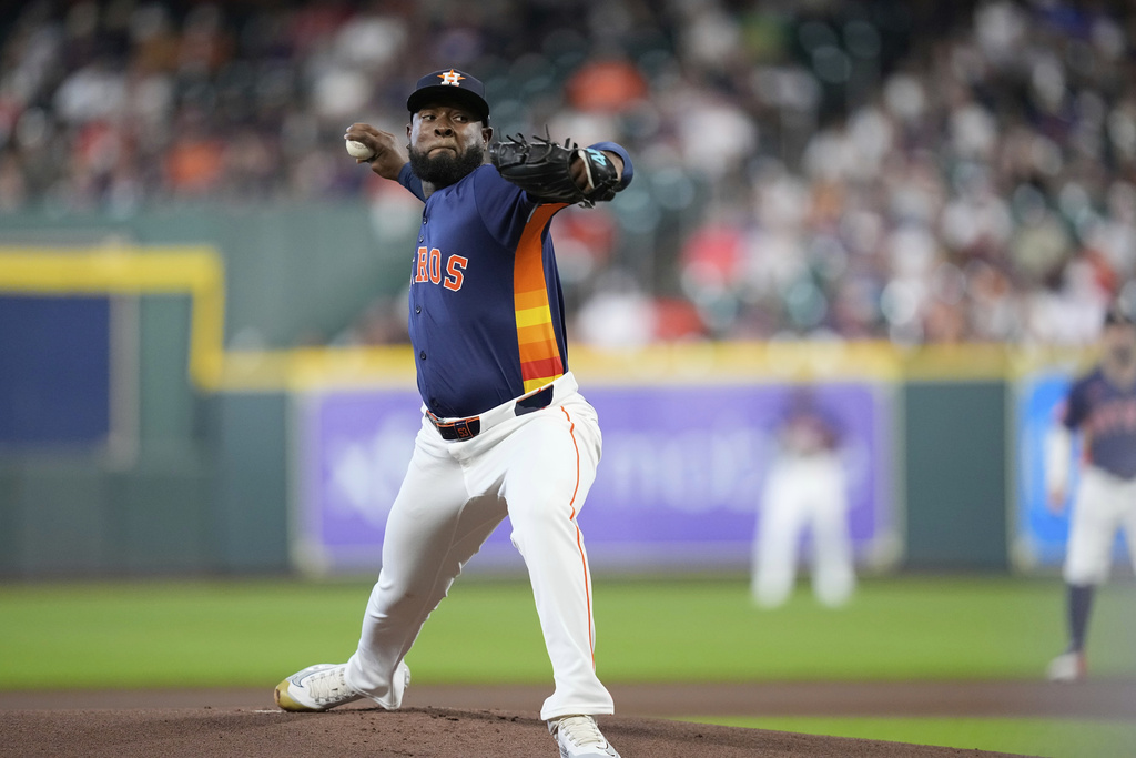 Houston Astros starting pitcher Cristian Javier throws against the Baltimore Orioles during the first inning of a baseball game Sunday, Aug. 17, 2025, in Houston. (AP Photo/David J. Phillip)