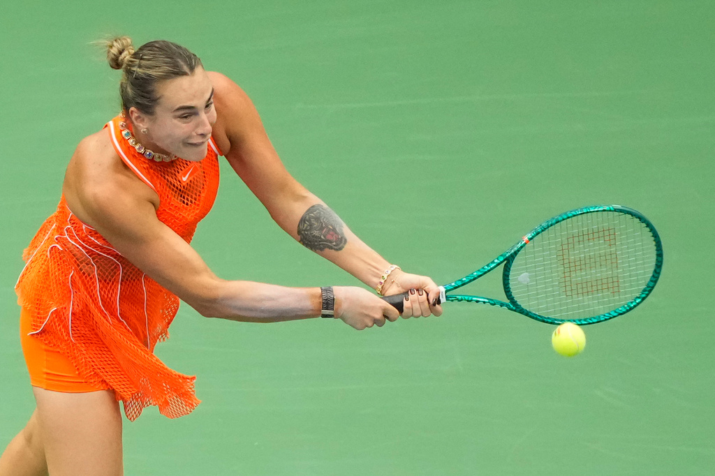 Aryna Sabalenka, of Belarus, returns the ball to Taylor Townsend, of the United States, during the fourth round of the U.S. Open tennis championships Sunday, Sept. 6, 2026, in New York. (AP Photo/Yuki Iwamura)