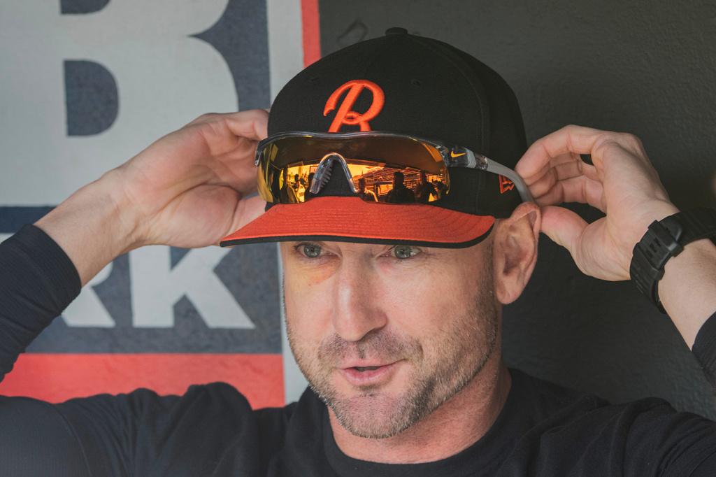 Baltimore Orioles manager Craig Albernaz speaks with reporters before a baseball game against the Cleveland Guardians, Friday, April 17, 2026, in Cleveland. (AP Photo/Phil Long)