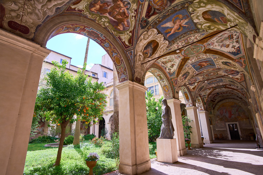 A view of the frescoed vaults of the cloister of the Basilica of Santa Maria sopra Minerva in Rome, Wednesday, March 18, 2026. (AP Photo/Domenico Stinellis)