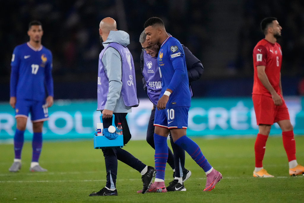 France's Kylian Mbappe is substituted during a World Cup 2026 Group D qualifying soccer match between France and Azerbaijan in Paris, France, on Friday, Oct. 10, 2025. (AP Photo/Michel Euler)