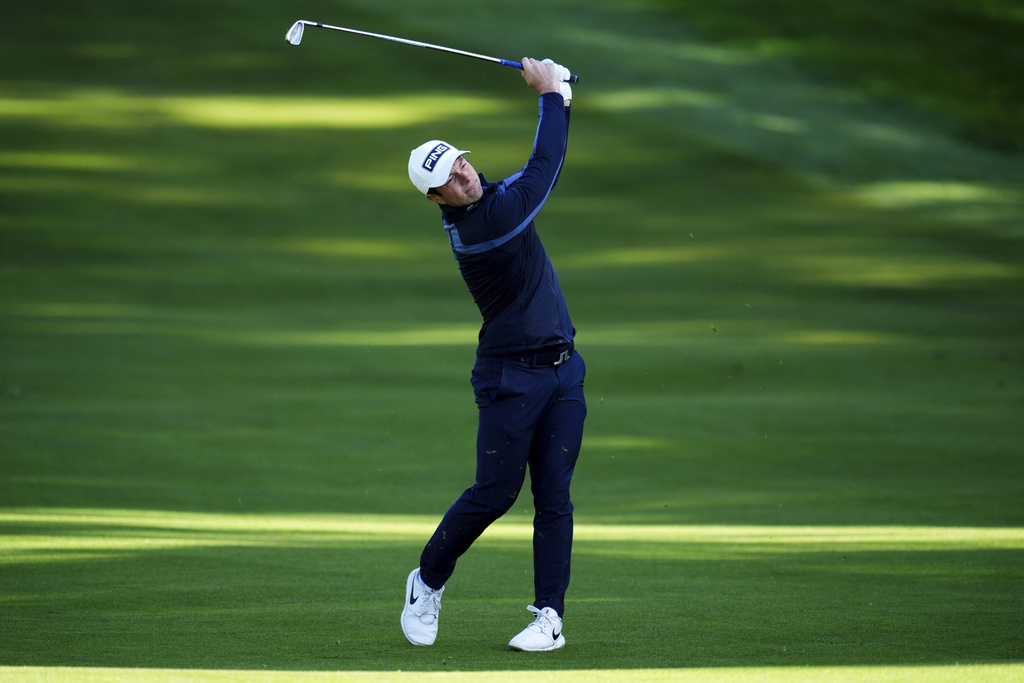 Viktor Hovland competes on the 4th fairway during day two of the 2025 BMW PGA Championship at Wentworth Golf Club in Virginia Water, Surrey, England, Friday Sept. 12, 2025. (Adam Davy/PA via AP)