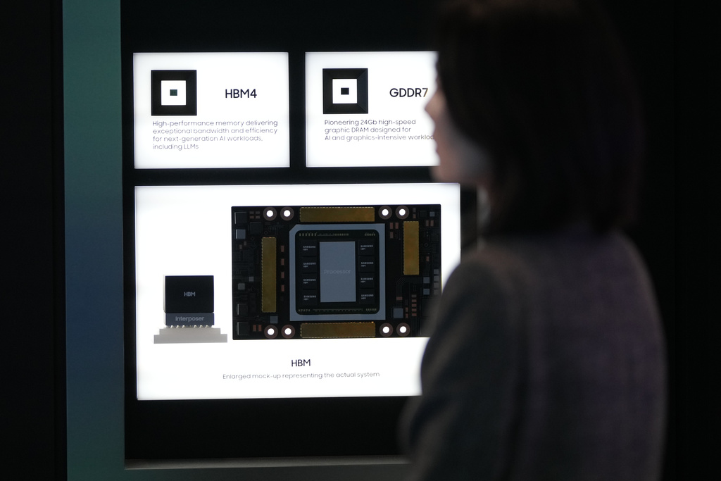 Samsung Electronics' products are displayed at an exhibition hall for the Asia-Pacific Economic Cooperation (APEC) in Gyeongju, South Korea, Thursday, Oct. 30, 2025. (AP Photo/Lee Jin-man)