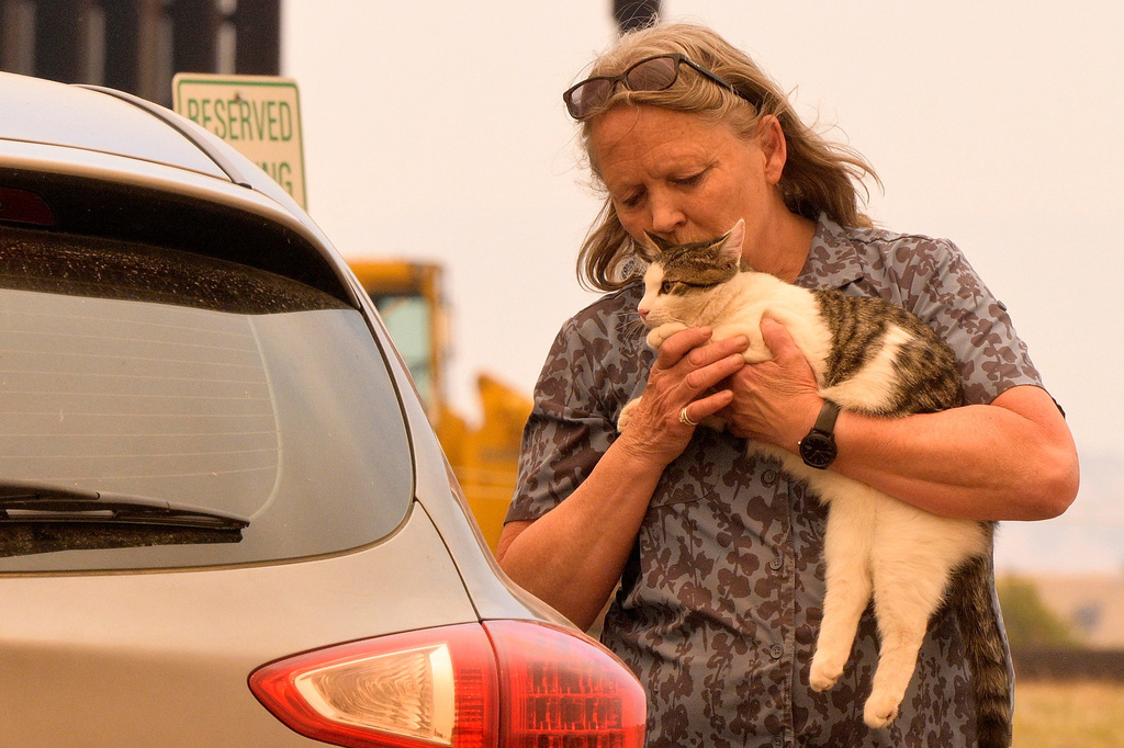 Colleen Estes kisses her cat on the head after getting evacuated from her home in Beulah, Colo., as the Aspen Acres Fire burns on Monday, June 29, 2026. (Jerilee Bennett/The Gazette via AP)