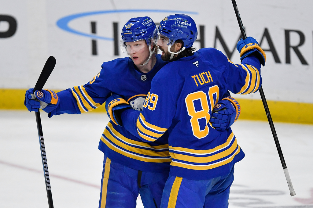 Buffalo Sabres defenseman Rasmus Dahlin, left, celebrates with right wing Alex Tuch, right, after scoring during the third period of an NHL hockey game against the Detroit Red Wings, Friday, March 27, 2026, in Buffalo, N.Y. (AP Photo/Adrian Kraus)