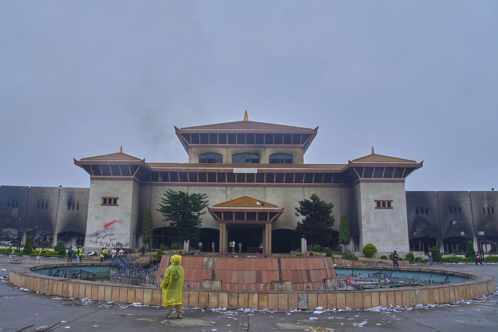 Nepal's Parliament building stands vandalised in Kathmandu, Nepal, Wednesday, Sept. 10, 2025. (AP Photo/Niranjan Shrestha)