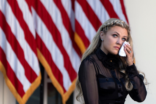 Erika Kirk reacts after President Donald Trump posthumously awarded the Presidential Medal of Freedom to her late husband Charlie Kirk, in the Rose Garden of the White House, Tuesday, Oct. 14, 2025, in Washington. (AP Photo/Mark Schiefelbein) Erika Kirk reacts after President Donald Trump posthumously awarded the Presidential Medal of Freedom to her late husband Charlie Kirk, in the Rose Garden of the White House, Tuesday, Oct. 14, 2025, in Washington. (AP Photo/Mark Schiefelbein)