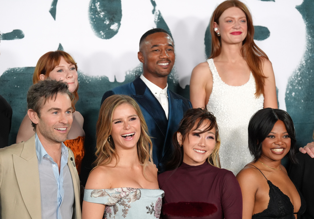 From left, cast members Chace Crawford, Valorie Curry, Erin Moriarty, Jessie T. Usher, Karen Fukuhara, Colby Minifie and Susan Heyward pose together at the premiere of the series finale of the fifth season of the Amazon Prime Video series "The Boys" on Tuesday, May 19, 2026, in Los Angeles. (AP Photo/Chris Pizzello)