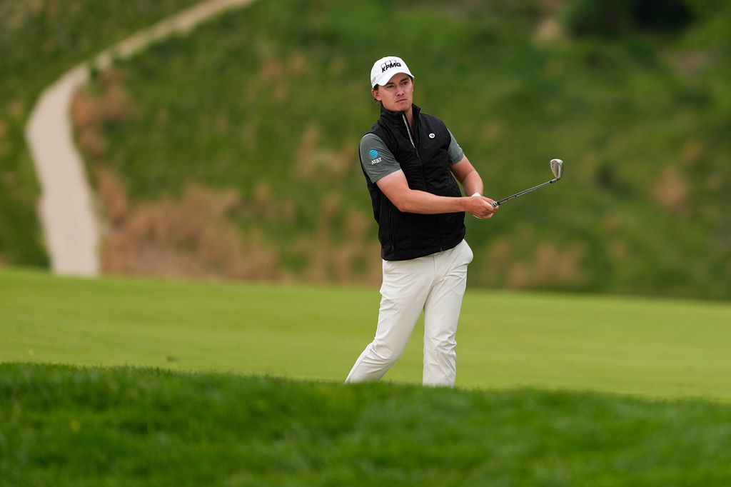 Maverick McNealy hits from the first fairway during the second round of the PGA Championship golf tournament at Aronimink Golf Club, Friday, May 15, 2026, in Newtown Square, PA. (AP Photo/Matt Slocum)