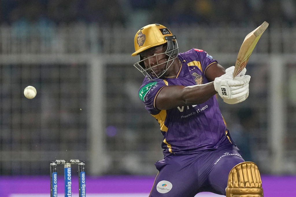 Kolkata Knight Riders' Rovman Powell plays a shot during the Indian Premier League cricket match between Kolkata Knight Riders and Lucknow Super Giants in Kolkata, India, Thursday, April 9, 2026. (AP Photo/Bikas Das)