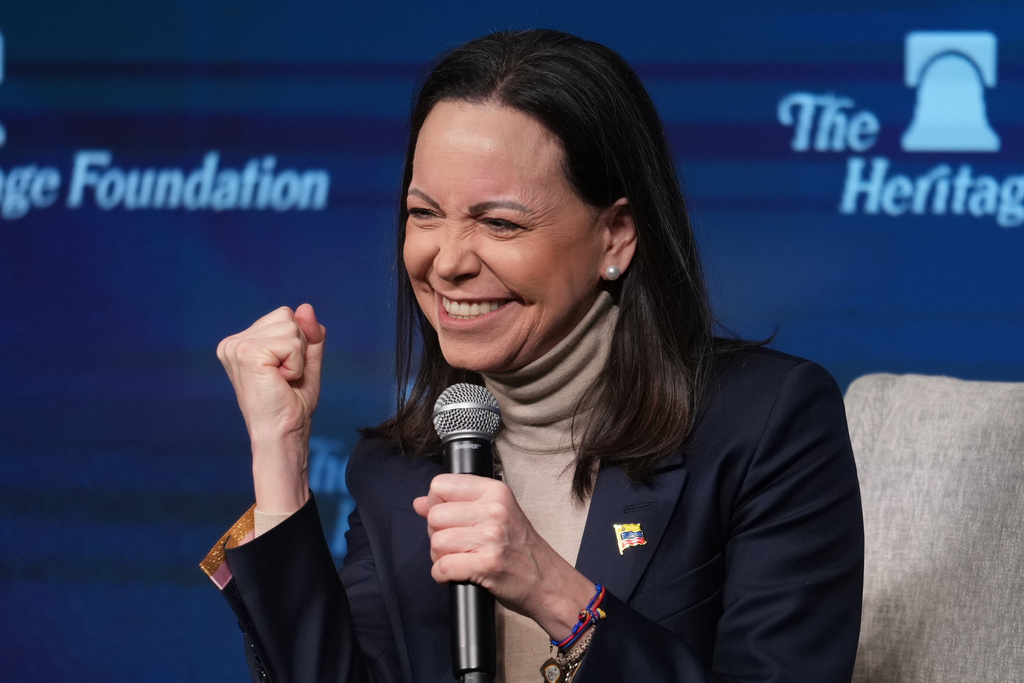 Venezuelan opposition leader Maria Corina Machado speaks at the Heritage Foundation, an influential conservative think tank, a day after meeting with President Donald Trump and members of Congress, on Capitol Hill in Washington, Friday, Jan. 16, 2026. (AP Photo/J. Scott Applewhite)