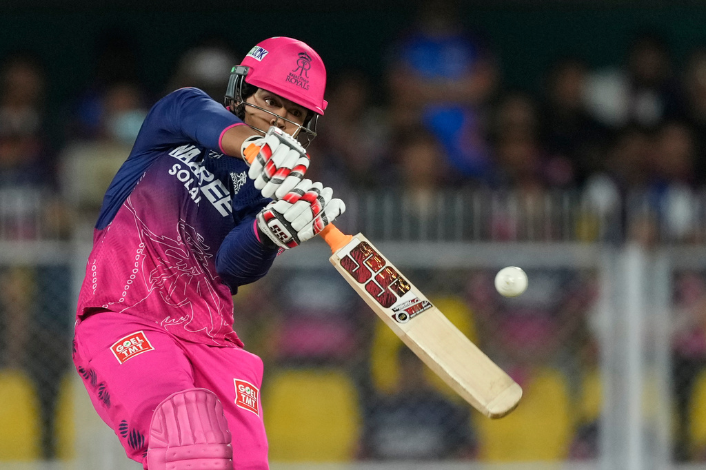 Rajasthan Royals' Vaibhav Sooryavanshi hits a six during the Indian Premier League cricket match between Mumbai Indians and Rajasthan Royals in Guwahati, India, Tuesday, April 7, 2026. (AP Photo/Anupam Nath)